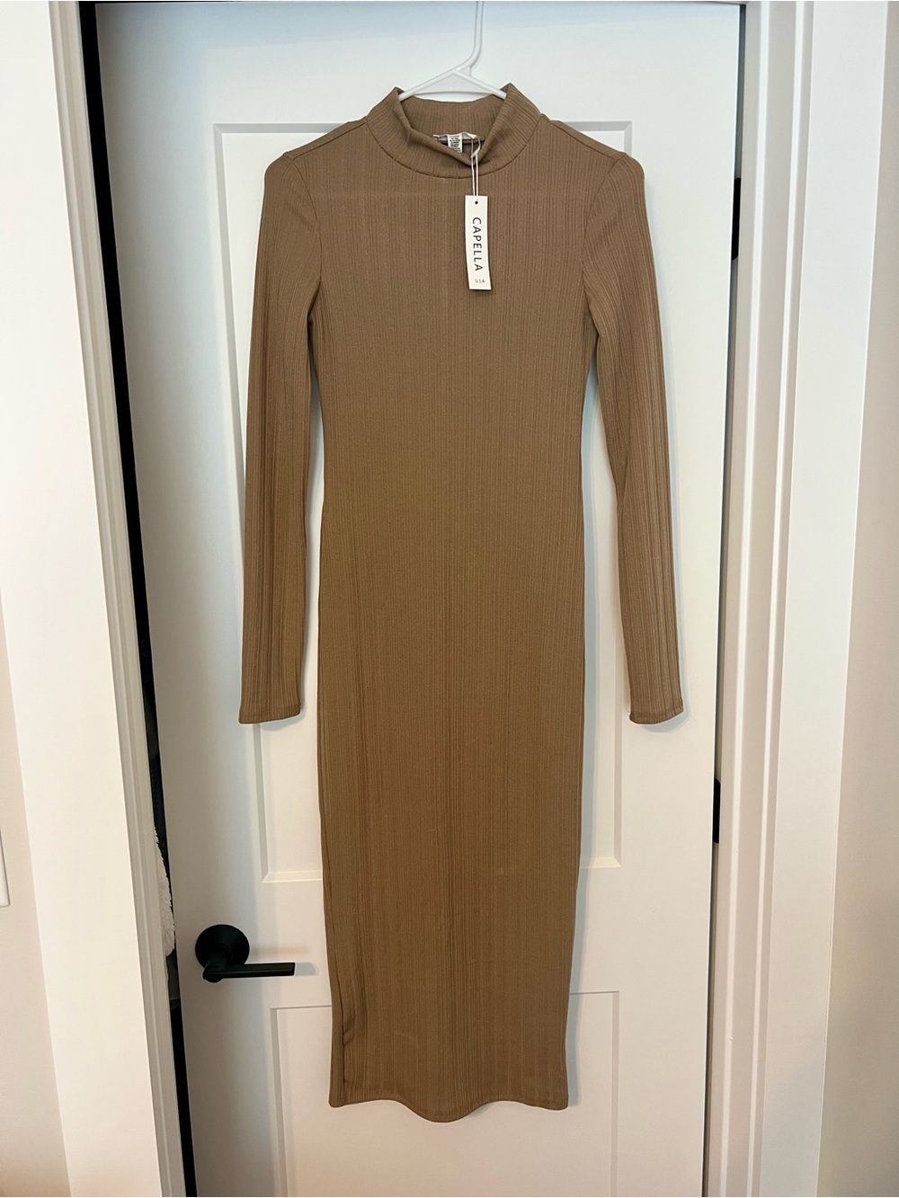 Capella Long-Sleeve Ribbed Midi Dress in Camel